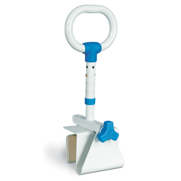 Children's shovel with a white handle and blue accents on a white background