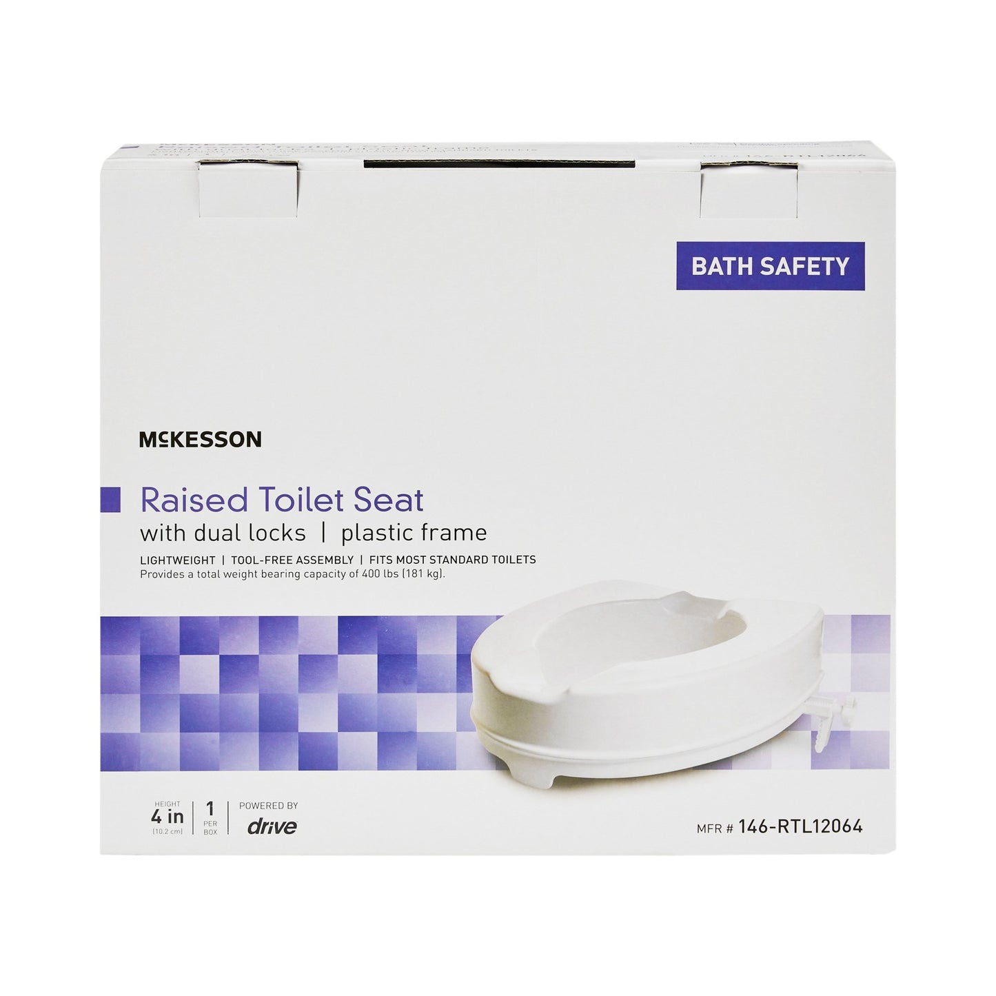 Box of McKesson raised toilet seat with dual locks on a white background
