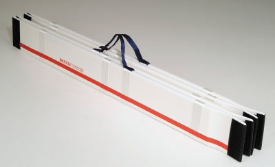 Long rectangular object with red stripe and black ends on a gray background