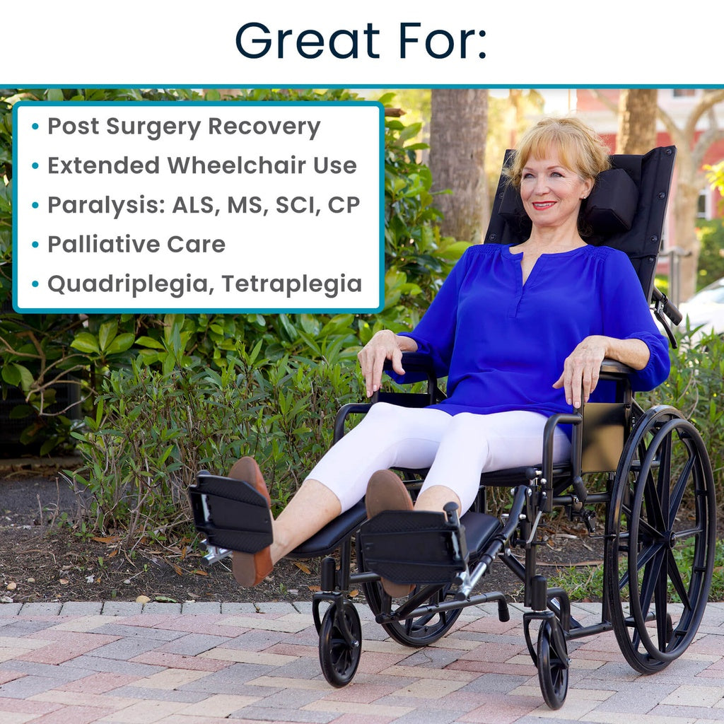Woman using a wheelchair with text indicating its uses for various conditions.