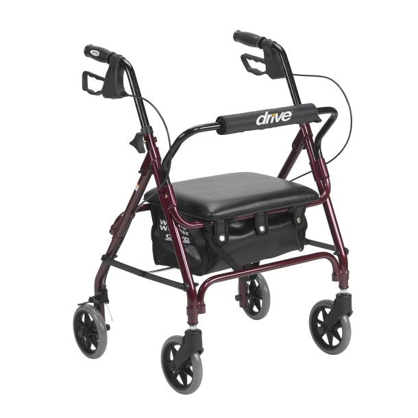 Red and black walker with a seat on a white background