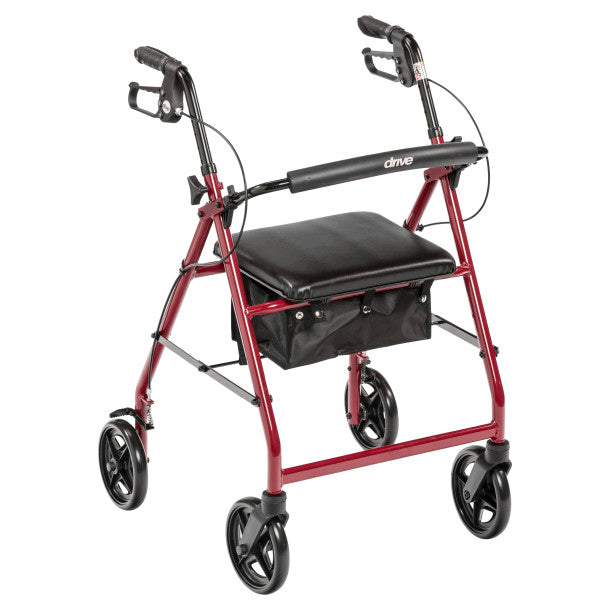Red rollator with a black seat on a white background