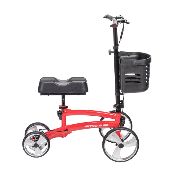 Red knee scooter with black seat and basket on a white background