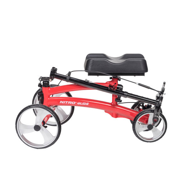 Red knee walker with a black seat on a white background