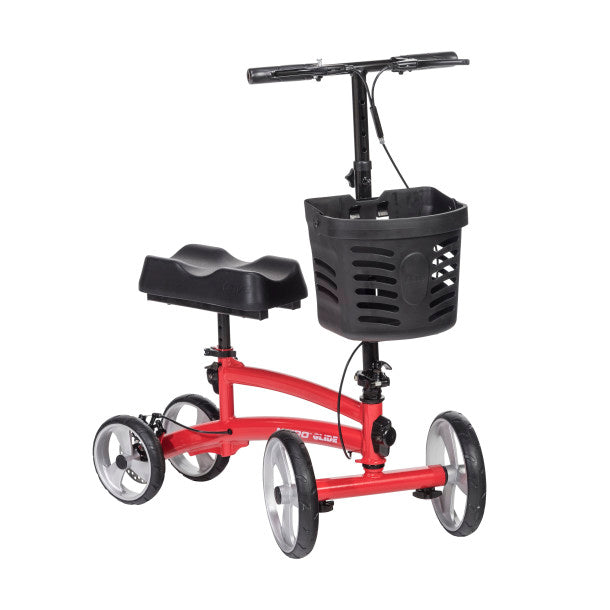Red knee scooter with black seat and basket on a white background
