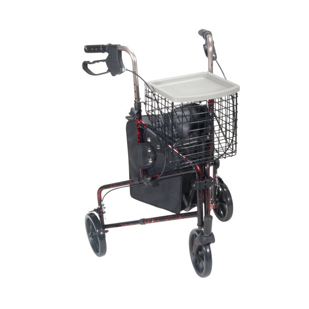 Three-wheeled mobility walker with basket on a white background