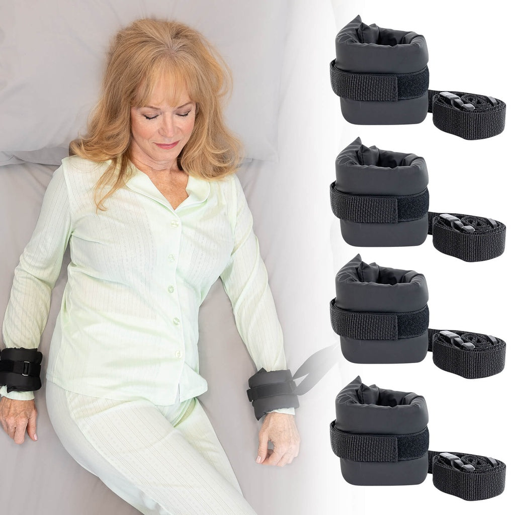 Woman sitting on a couch with arm and leg weights, surrounded by additional weights on a white background.