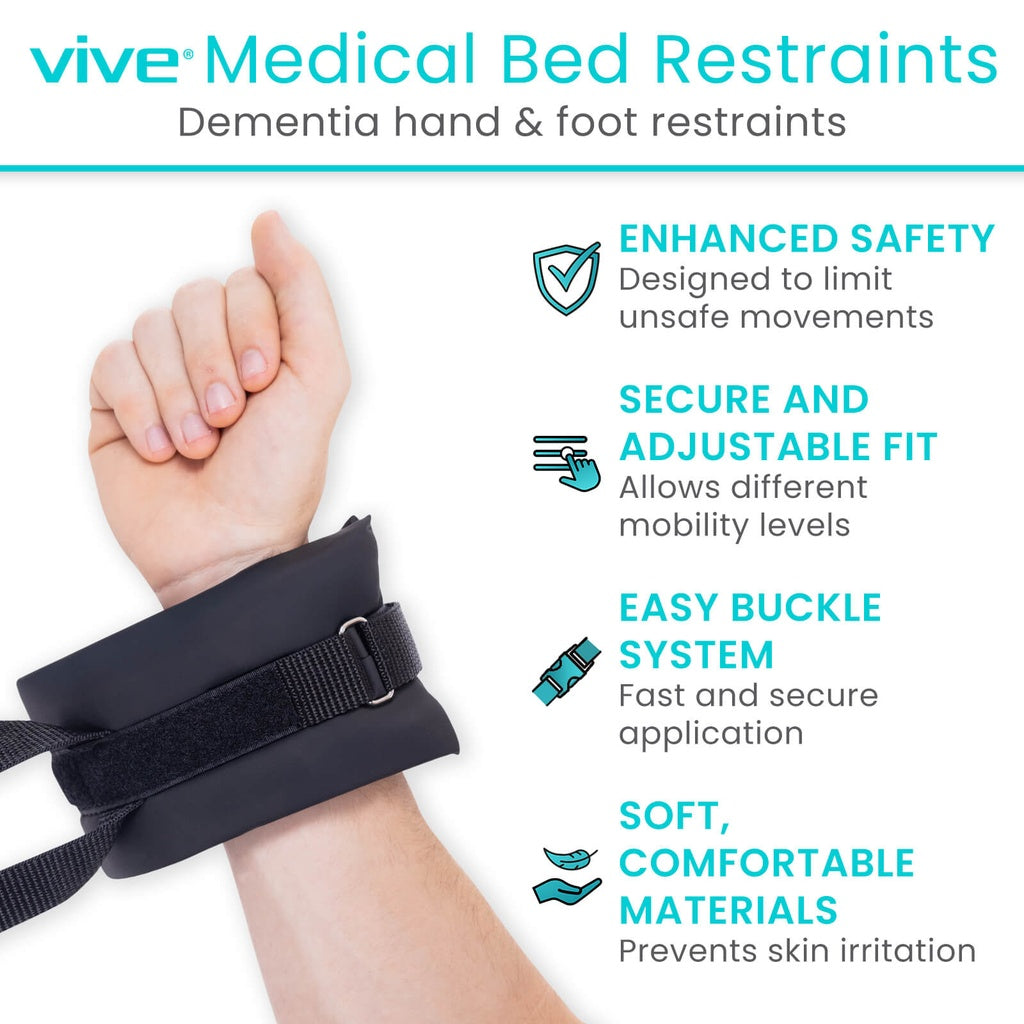 Vive Medical Bed Restraints for dementia hand and foot restraints with features listed.