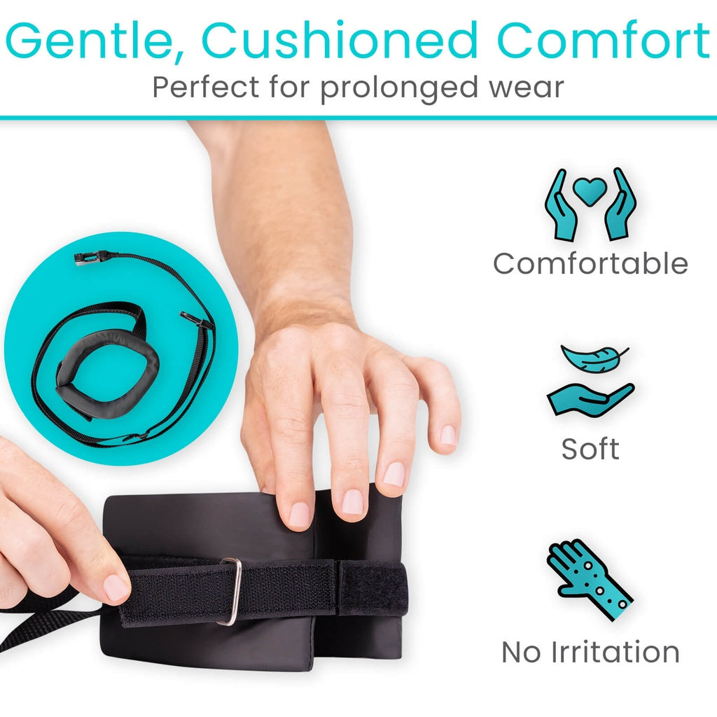 Product with text 'Gentle, Cushioned Comfort' and 'Perfect for prolonged wear', showing a hand interacting with the product.