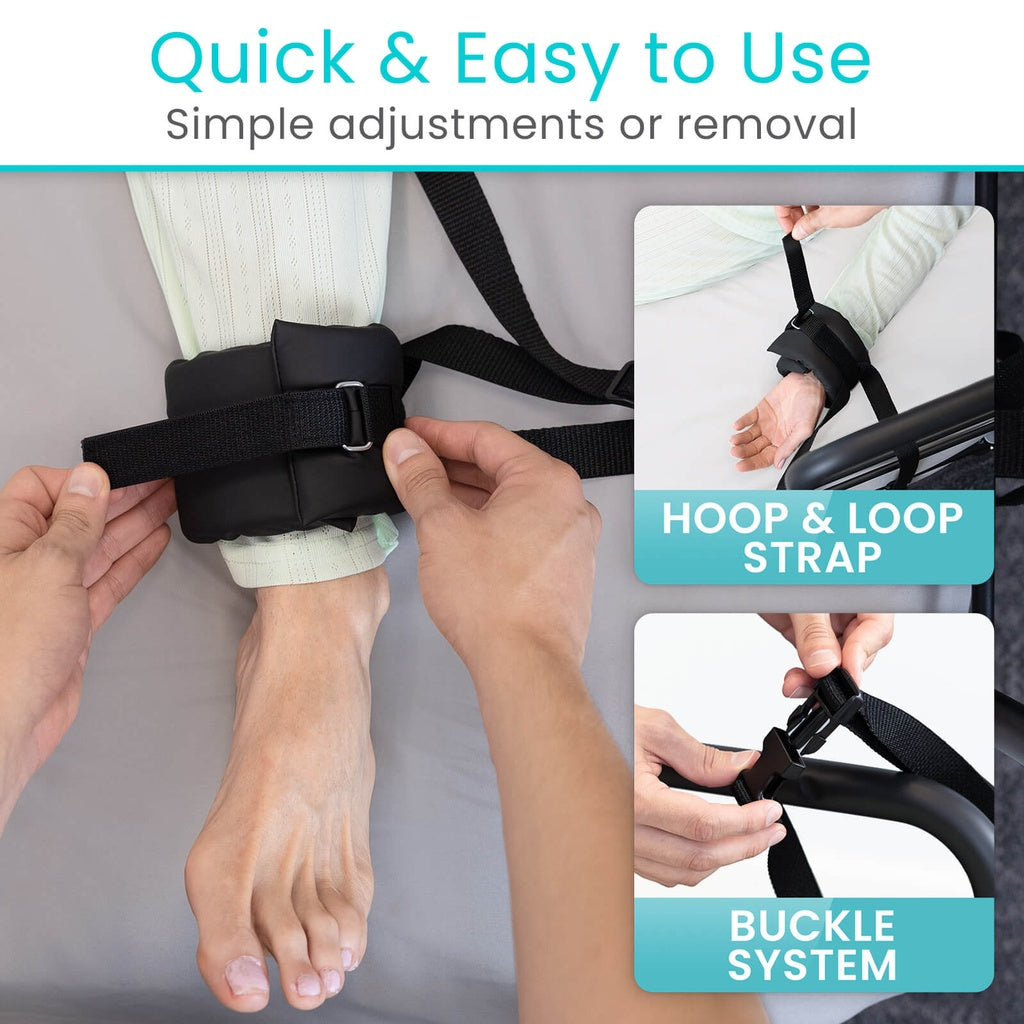 Strap system for simple adjustments or removal with text 'Quick & Easy to Use' and 'HOOP & LOOP STRAP' and 'BUCKLE SYSTEM'.