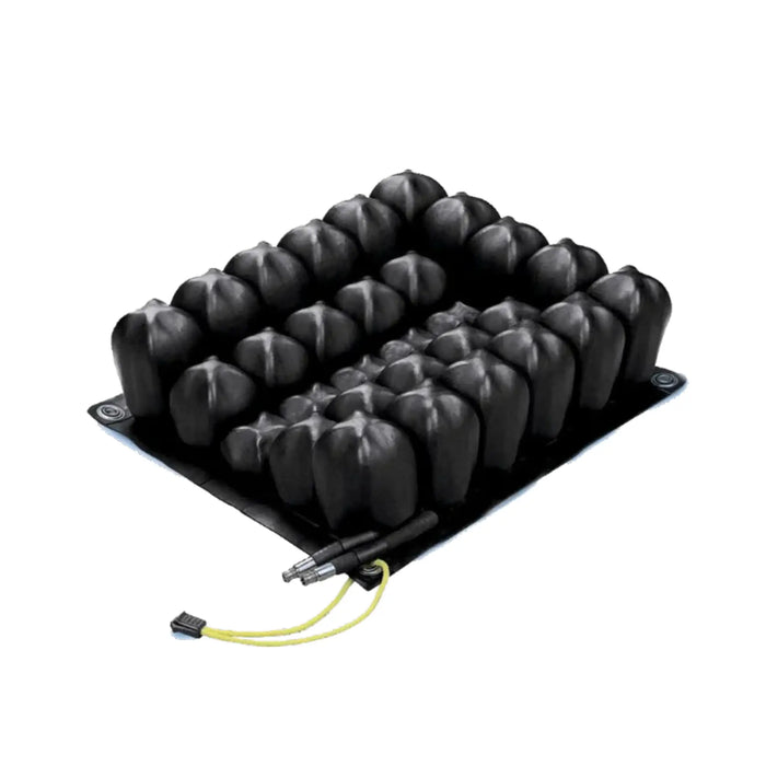 Black rubber mat with textured surface and electrical connection on a white background