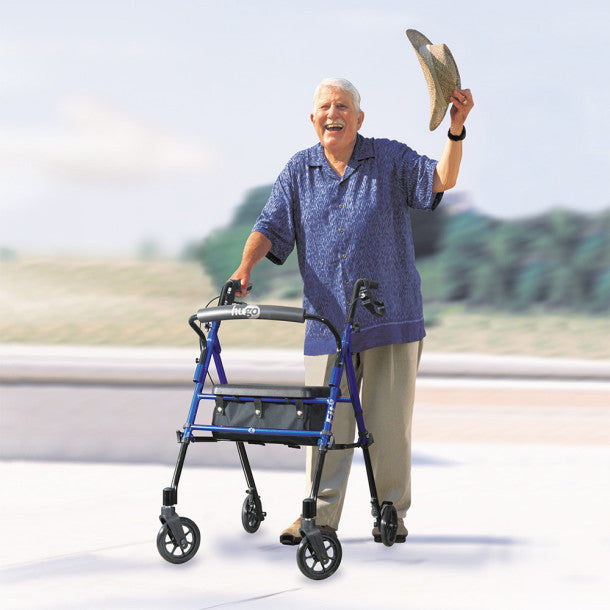 Man using a walker outdoors with a blurred background