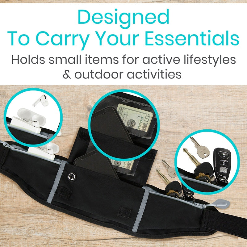 Black waist bag with compartments for small items on a wooden surface, text 'Designed To Carry Your Essentials'.