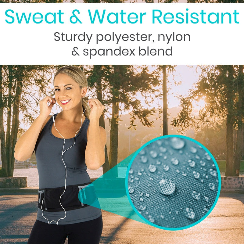 Woman wearing a waist bag with a scenic background, emphasizing sweat and water resistance.