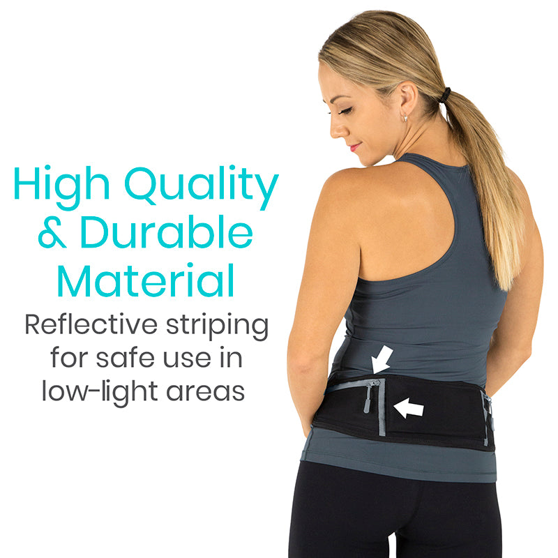 Woman wearing a reflective safety belt with text about material quality and safety features.