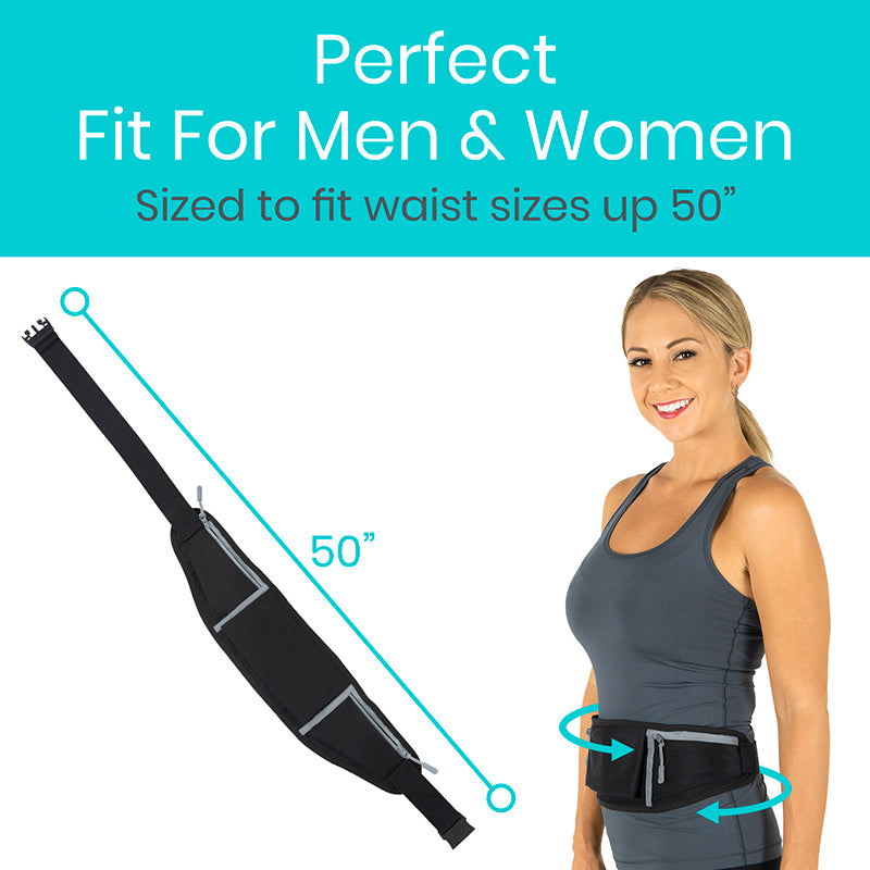 Woman wearing a waist belt with text indicating it fits waist sizes up to 50⅑, on a white background.