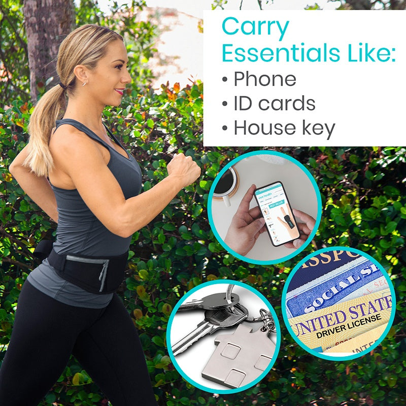 Woman running with a waist bag, surrounded by icons of phone, ID cards, and keys.