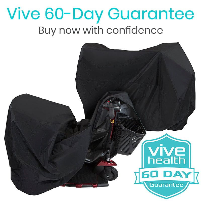 Black motorcycle cover with Vive Health 60-Day Guarantee text on a white background