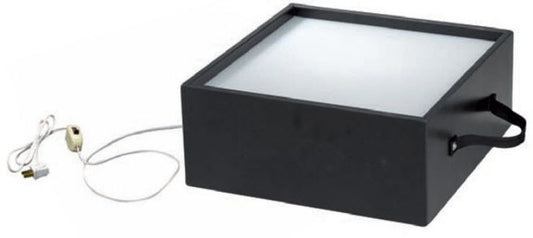 Black rectangular light box with a white interior on a white background