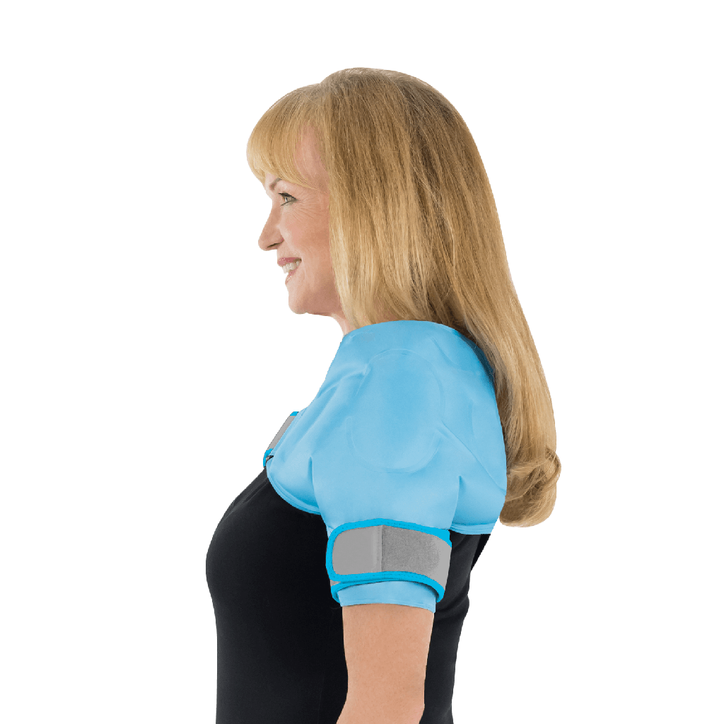 Woman wearing a blue shoulder support brace on a black background