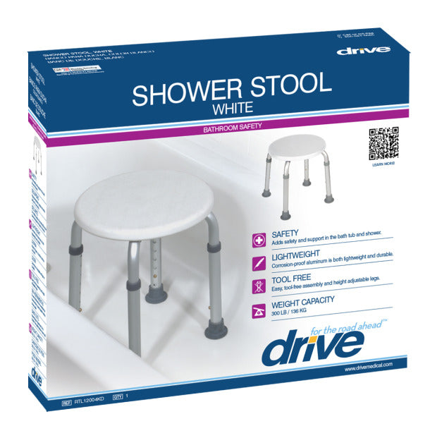 Box of a white shower stool with Drive brand branding