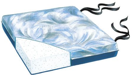 Cross-section of a mattress topper with blue and white layers on a white background