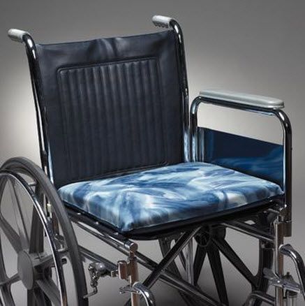 Wheelchair with blue cushion on a gray background