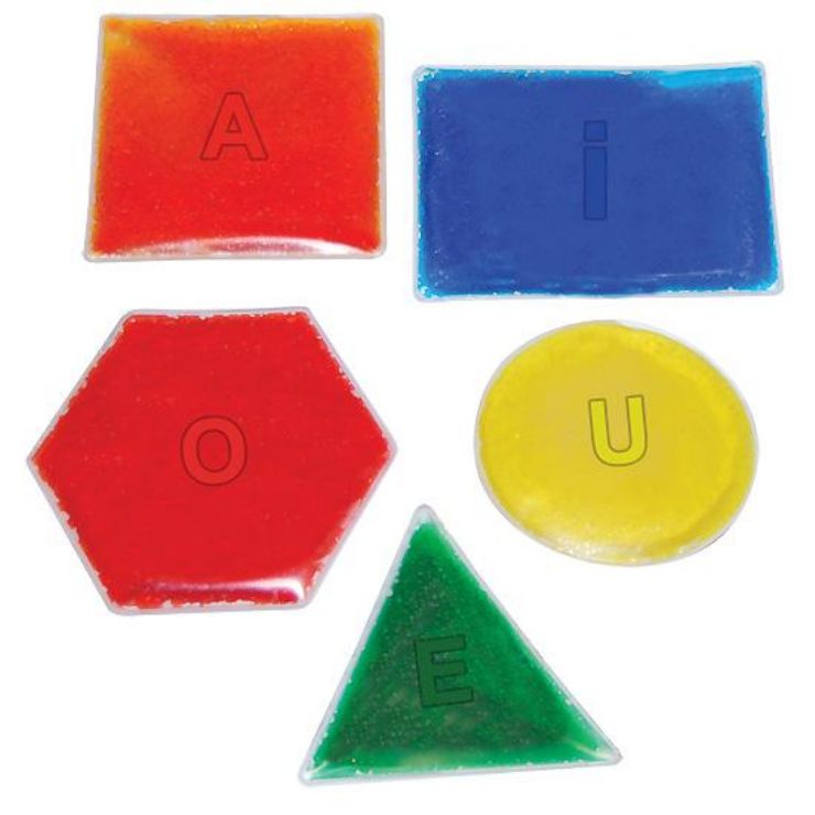 Colorful letter blocks spelling 'A I O U E' on a white background