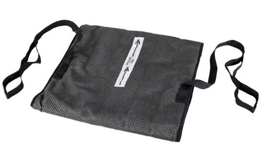 Black mesh chair guide straps on a white background
