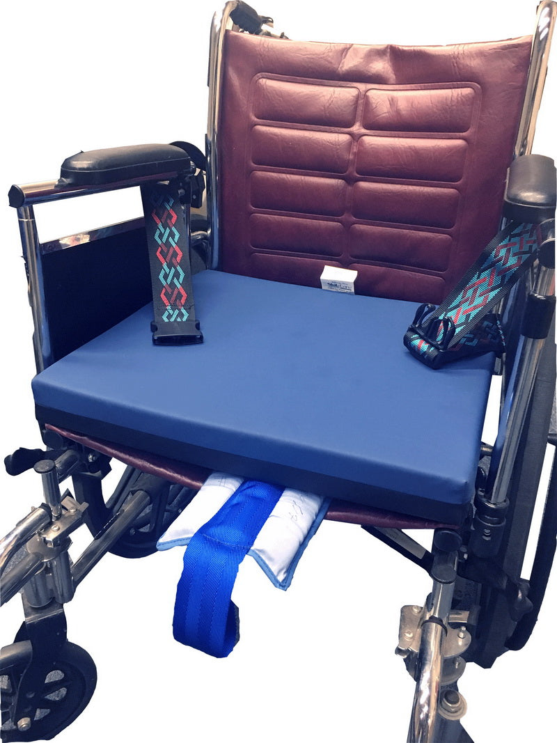 Wheelchair with blue cushion and brown backrest on a white background