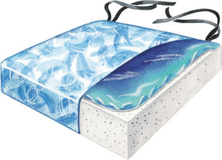 Blue and white patterned cushion with straps on a white background