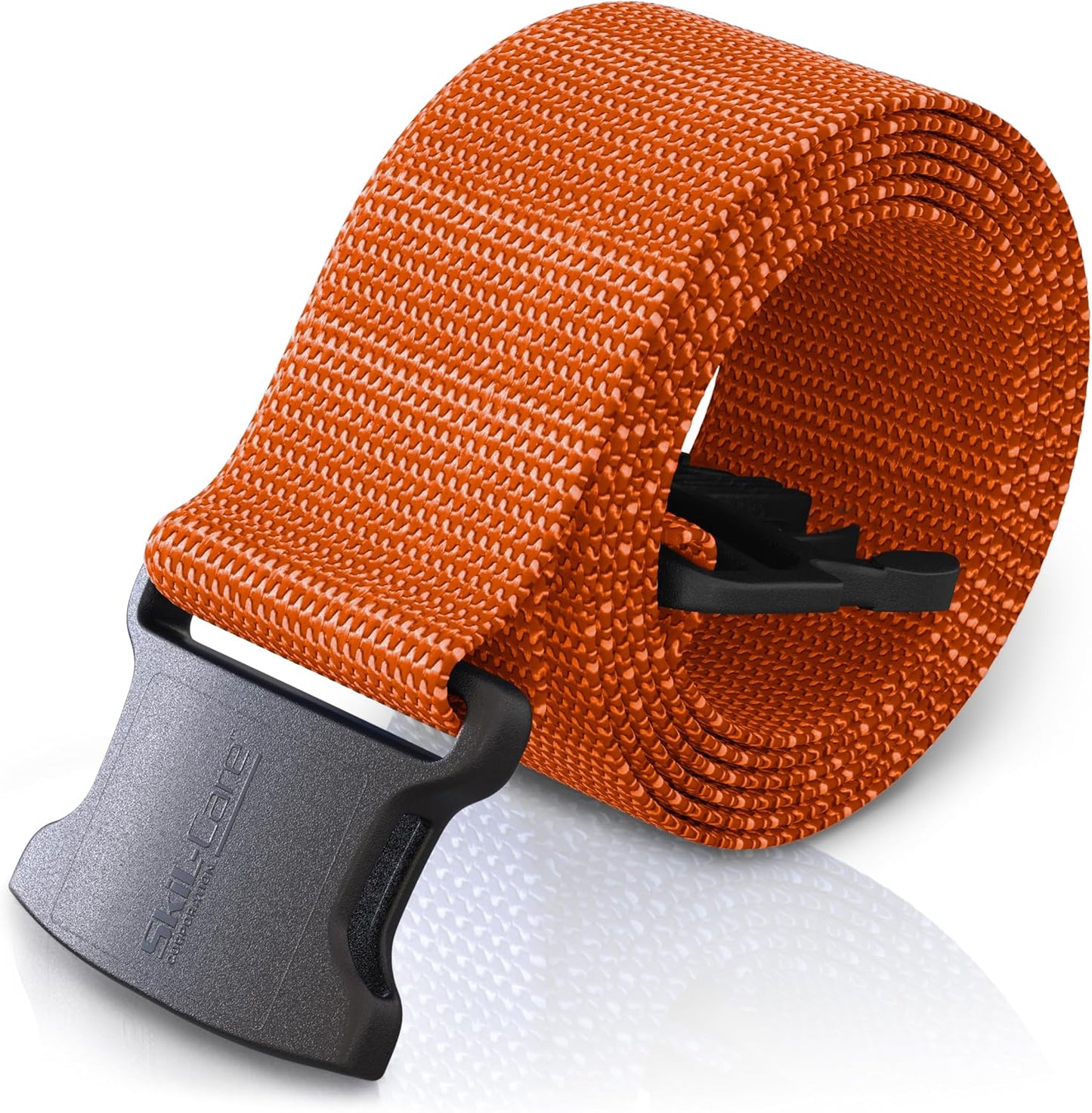 Orange gait belt with a gray buckle on a white background