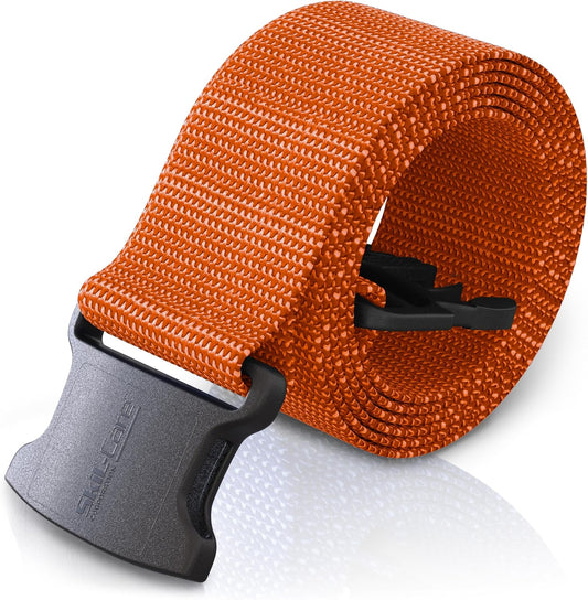 Orange gait belt with a gray buckle on a white background