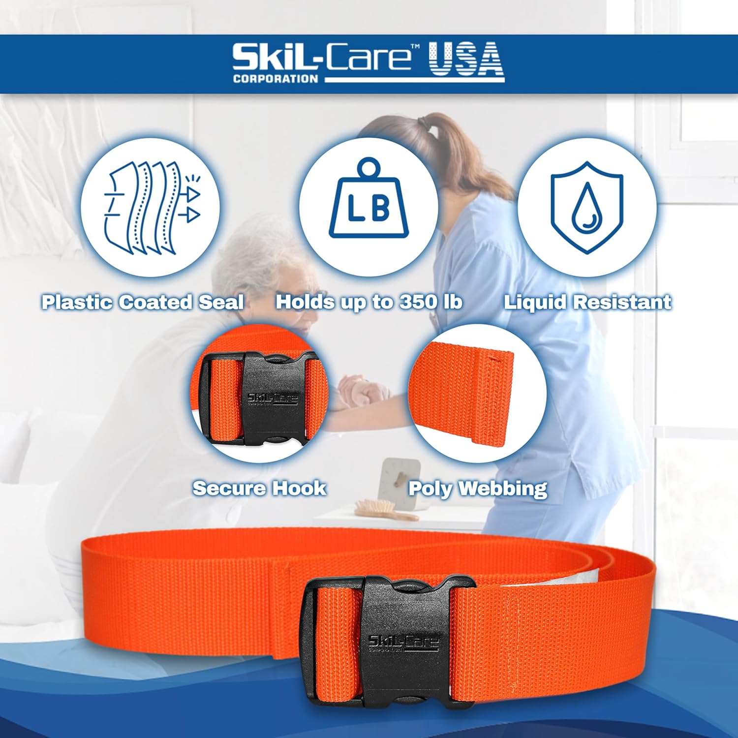 Orange belt with features highlighted by Skil-Care USA on a white background