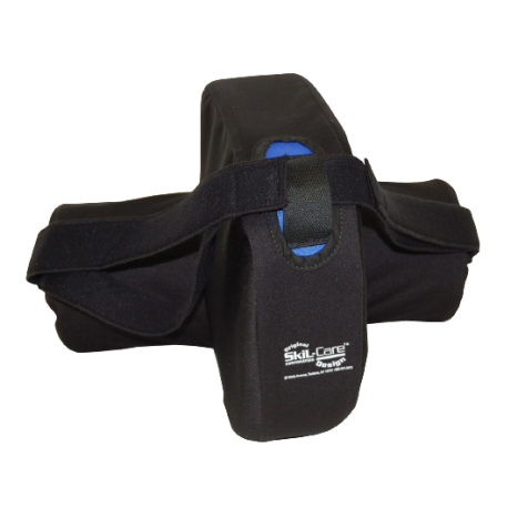 Black neoprene pouch with blue interior on a white background