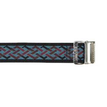 Woven belt with a metallic buckle on a white background