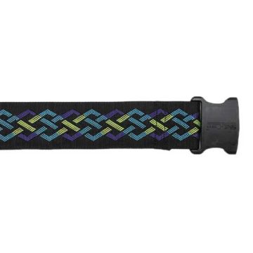 Black gait belt with colorful woven pattern on a white background