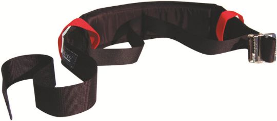 Black and red gait belt with a metal buckle on a white background