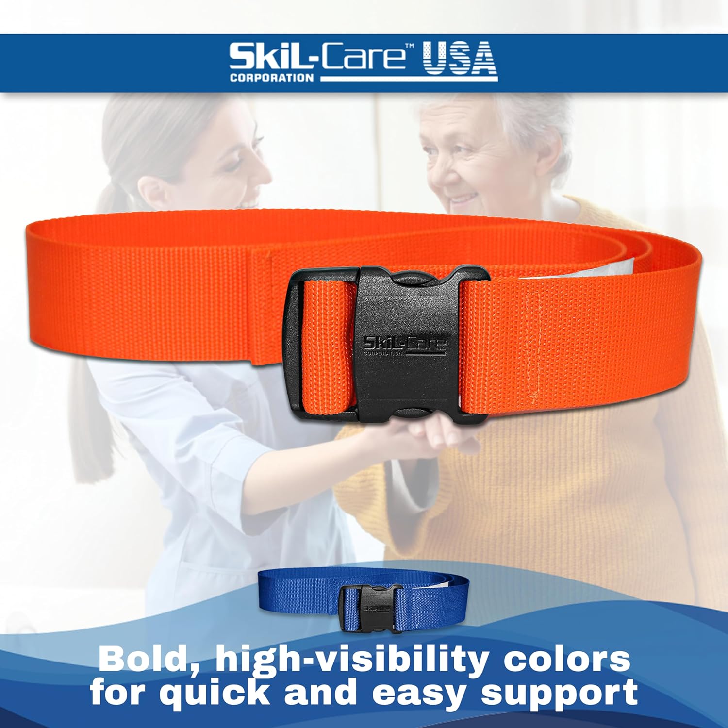 Orange belt with black buckle held by a person, Skil-Care USA branding visible