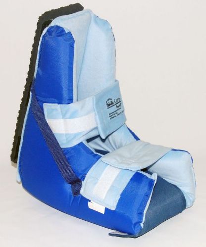 Blue and light blue protective boot cover on a white background