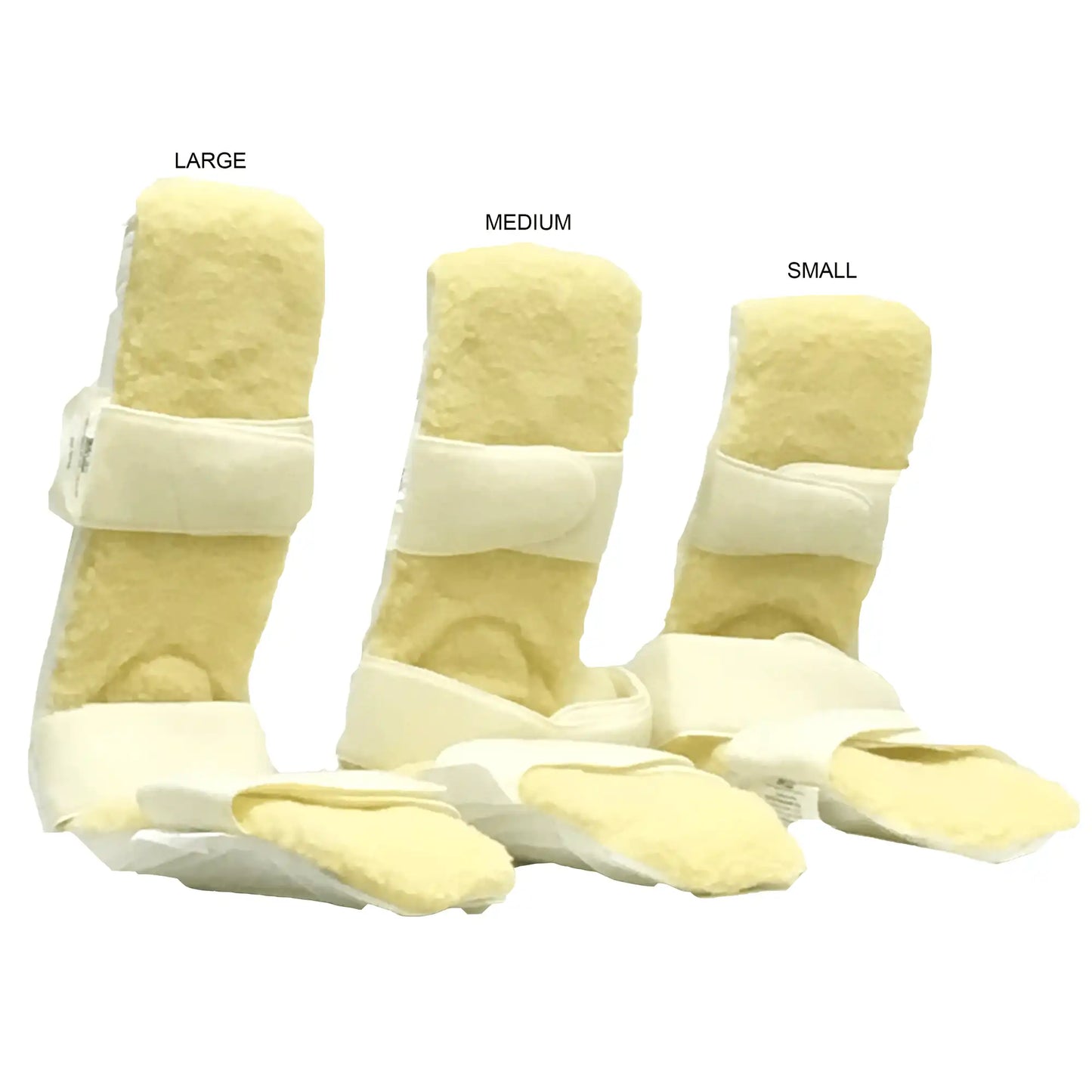 Three pairs of yellow protective boots labeled Large, Medium, and Small on a white background.
