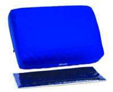 Blue gel pillow with a clear packaging bag on a white background