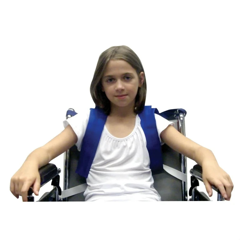 Girl in a wheelchair wearing a blue vest on a white background