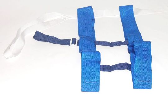 Blue safety harness on a white background