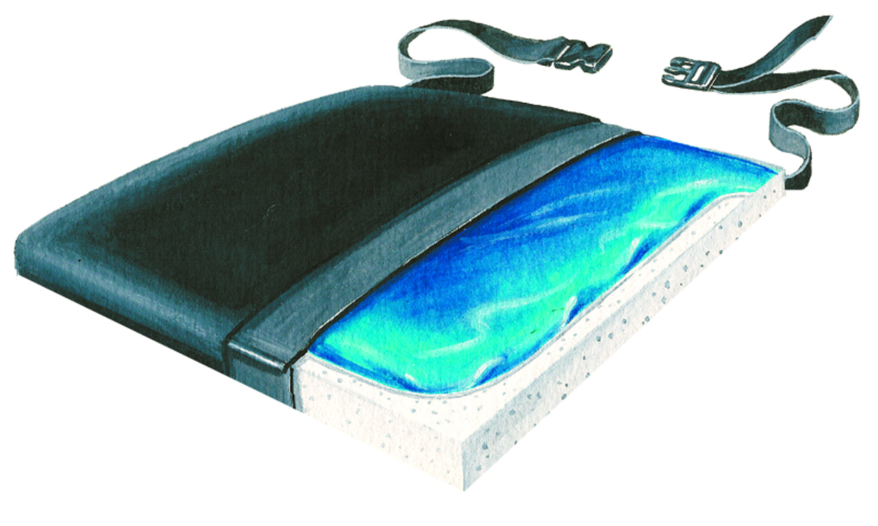 Turquoise gel seat cushion with straps on a white background