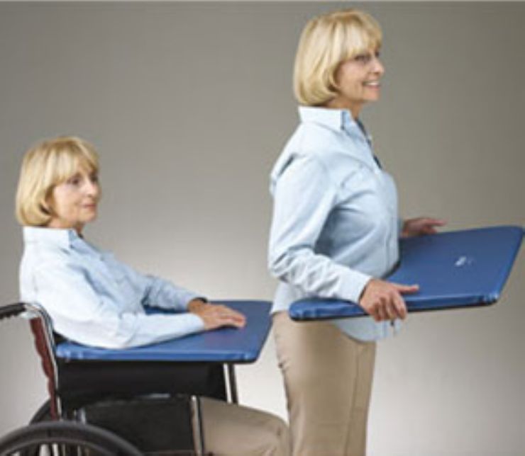 Two women using a standing desk, one in a wheelchair.