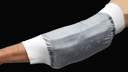 Gray elbow pad on a person's arm with a white sleeve against a black background