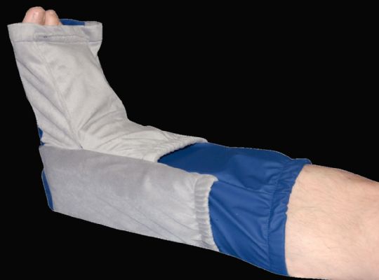 Gray cast on a leg with blue bandage against a white background