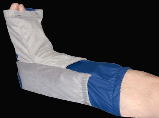 Gray cast on a leg with blue bandage against a white background