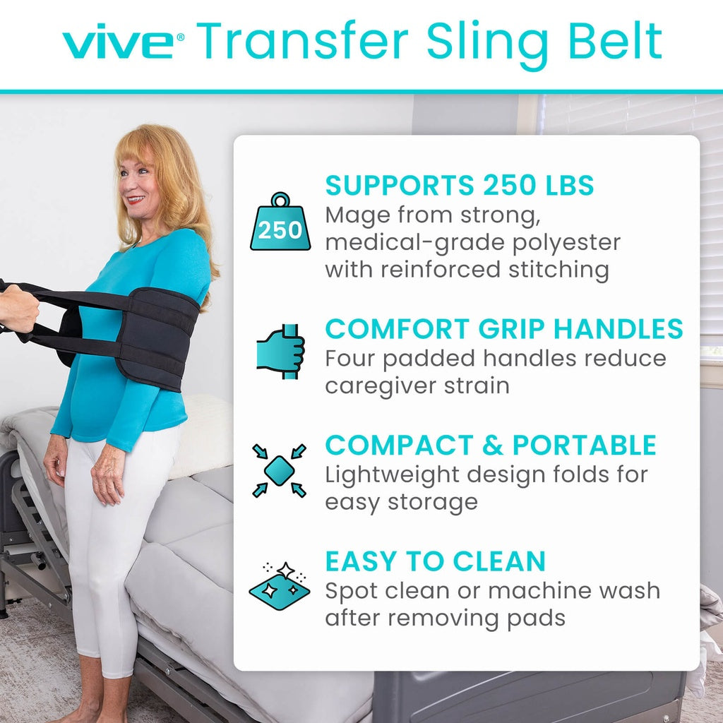 Person using a transfer sling belt with product features highlighted